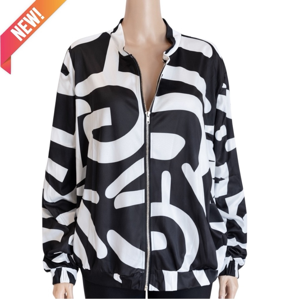 New Black & White Abstract Print Zip-Up Bomber Jacket - Picture 16 of 16